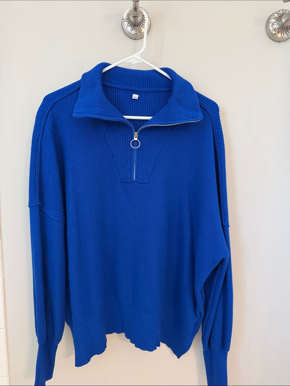 Amazon Women's Cobalt Blue Ribbed V-Neck Sweater with Ring Zip